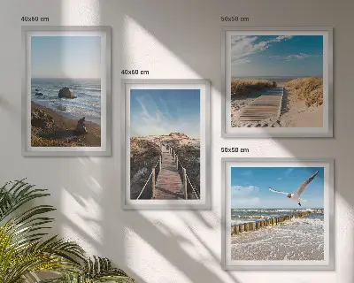 Set de 4 cuadros para salón con diseño de olas, playa, cielo y muelle