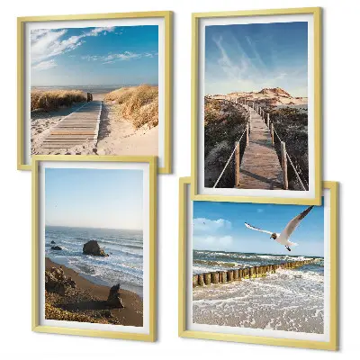 Set de 4 cuadros para salón con diseño de olas, playa, cielo y muelle