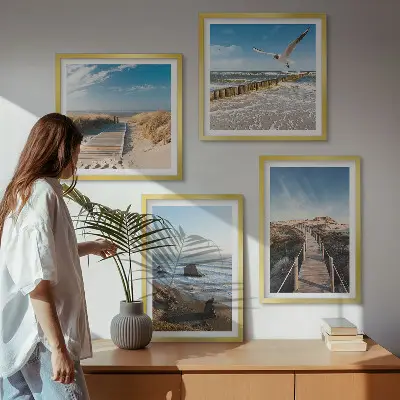 Set de 4 cuadros para salón con diseño de olas, playa, cielo y muelle