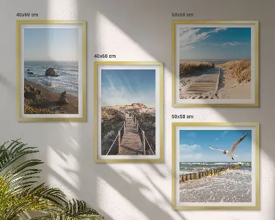 Set de 4 cuadros para salón con diseño de olas, playa, cielo y muelle