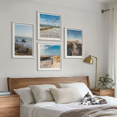 Set de 4 cuadros para salón con diseño de olas, playa, cielo y muelle
