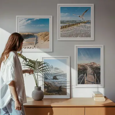 Set de 4 cuadros para salón con diseño de olas, playa, cielo y muelle