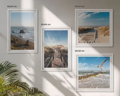 Set de 4 cuadros para salón con diseño de olas, playa, cielo y muelle