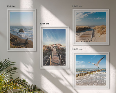 Set de 4 cuadros para salón olas de playa cielo muelle paseo