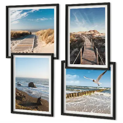 Set de 4 cuadros para salón con diseño de olas, playa, cielo y muelle