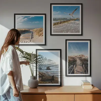 Set de 4 cuadros para salón con diseño de olas, playa, cielo y muelle