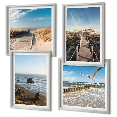 Set de 4 cuadros para salón con diseño de olas, playa, cielo y muelle