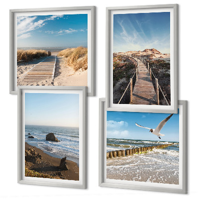 Set de 4 cuadros para salón olas de playa cielo muelle paseo