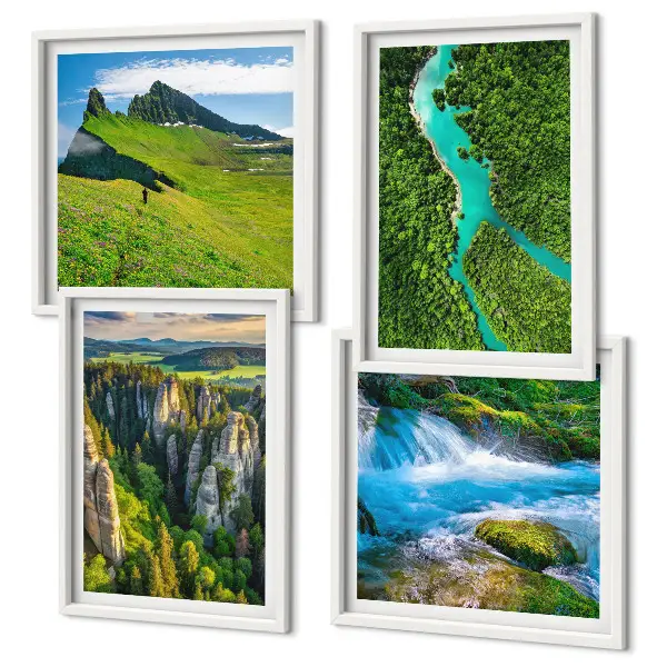 Set de cuadros modernos para salón con diseño de rocas de río y montañas verdes