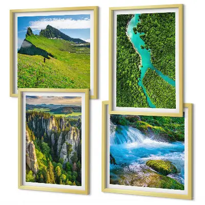Set de cuadros modernos para salón con diseño de rocas de río y montañas verdes