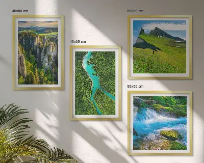 Set de cuadros modernos para salón con diseño de rocas de río y montañas verdes