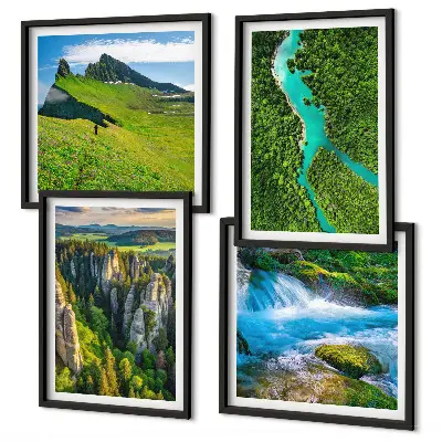 Set de cuadros modernos para salón con diseño de rocas de río y montañas verdes