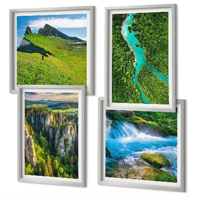 Set de cuadros modernos para salón con diseño de rocas de río y montañas verdes
