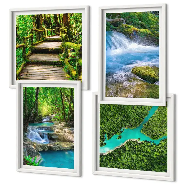 Set de 4 cuadros para salón diseño de bosques verdes y aguas cristalinas