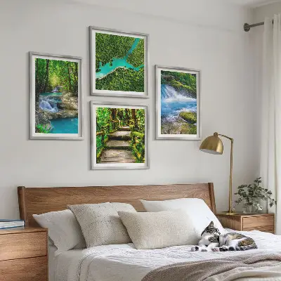 Set de 4 cuadros para salón diseño de bosques verdes y aguas cristalinas