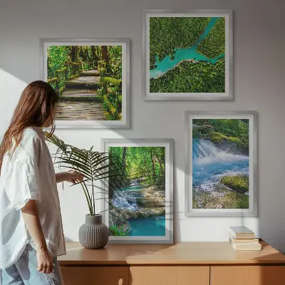 Set de 4 cuadros para salón diseño de bosques verdes y aguas cristalinas