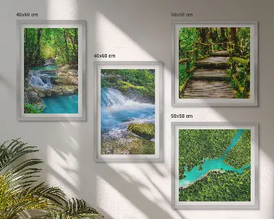 Set de 4 cuadros para salón diseño de bosques verdes y aguas cristalinas