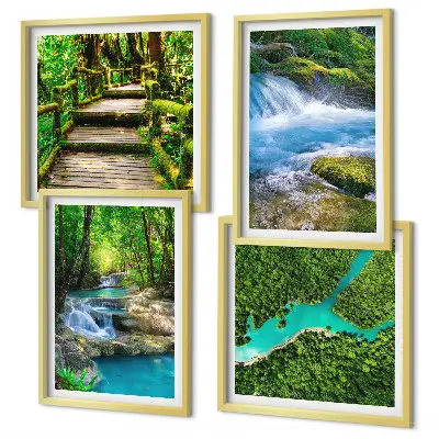 Set de 4 cuadros para salón diseño de bosques verdes y aguas cristalinas