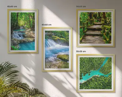 Set de 4 cuadros para salón diseño de bosques verdes y aguas cristalinas