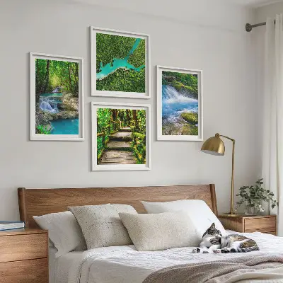 Set de 4 cuadros para salón diseño de bosques verdes y aguas cristalinas