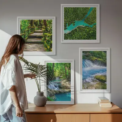 Set de 4 cuadros para salón diseño de bosques verdes y aguas cristalinas