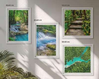 Set de 4 cuadros para salón diseño de bosques verdes y aguas cristalinas