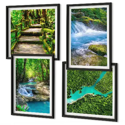 Set de 4 cuadros para salón diseño de bosques verdes y aguas cristalinas