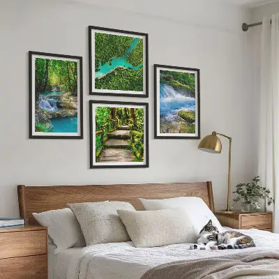 Set de 4 cuadros para salón diseño de bosques verdes y aguas cristalinas