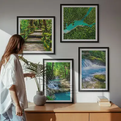 Set de 4 cuadros para salón diseño de bosques verdes y aguas cristalinas