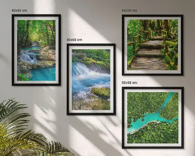 Set de 4 cuadros para salón diseño de bosques verdes y aguas cristalinas