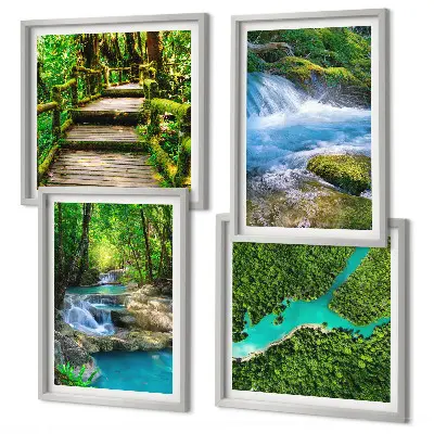 Set de 4 cuadros para salón diseño de bosques verdes y aguas cristalinas