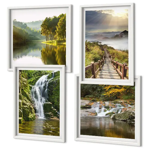Set de cuadros modernos para salón con diseño de cascadas, montañas, nubes y paisaje de otoño