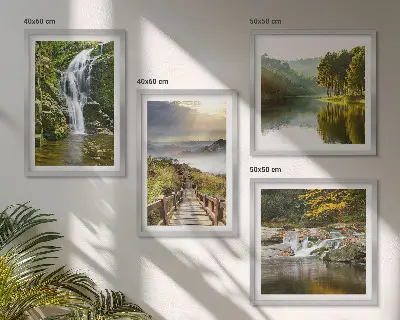 Set de cuadros modernos para salón con diseño de cascadas, montañas, nubes y paisaje de otoño