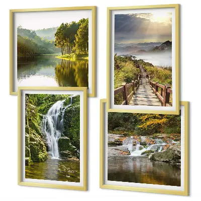 Set de cuadros modernos para salón con diseño de cascadas, montañas, nubes y paisaje de otoño
