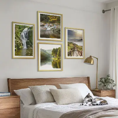 Set de cuadros modernos para salón con diseño de cascadas, montañas, nubes y paisaje de otoño