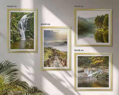 Set de cuadros modernos para salón con diseño de cascadas, montañas, nubes y paisaje de otoño