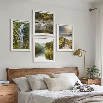 Set de cuadros modernos para salón con diseño de cascadas, montañas, nubes y paisaje de otoño