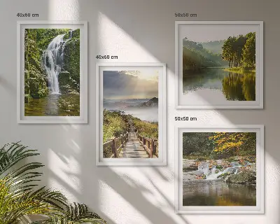 Set de cuadros modernos para salón con diseño de cascadas, montañas, nubes y paisaje de otoño