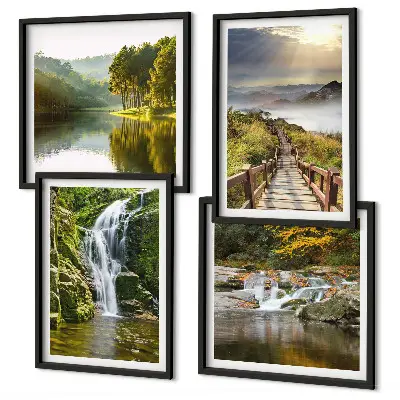 Set de cuadros modernos para salón con diseño de cascadas, montañas, nubes y paisaje de otoño
