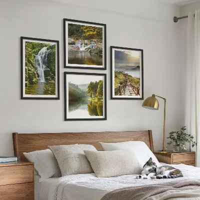 Set de cuadros modernos para salón con diseño de cascadas, montañas, nubes y paisaje de otoño