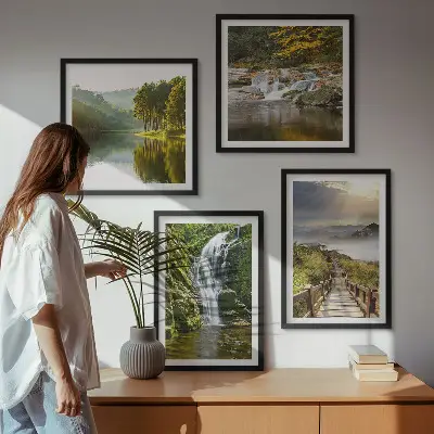 Set de cuadros modernos para salón con diseño de cascadas, montañas, nubes y paisaje de otoño