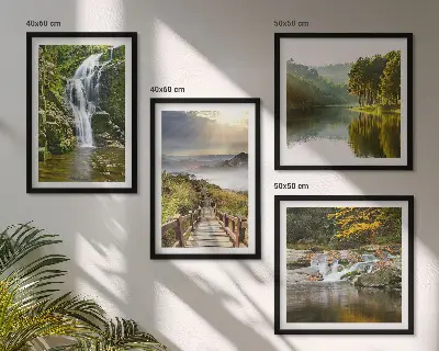 Set de cuadros modernos para salón con diseño de cascadas, montañas, nubes y paisaje de otoño