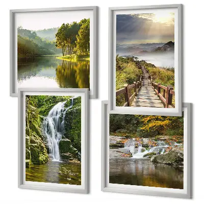 Set de cuadros modernos para salón con diseño de cascadas, montañas, nubes y paisaje de otoño