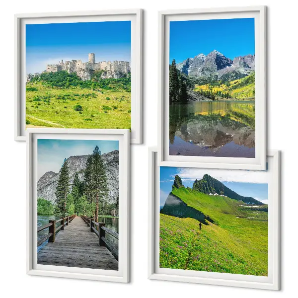 Set de 4 cuadros para salón con diseño de colinas verdes y castillo