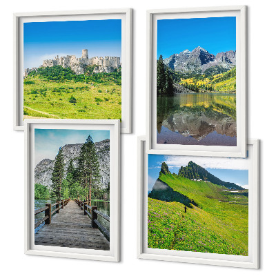 Set de 4 cuadros para salón Colinas verdes con un castillo