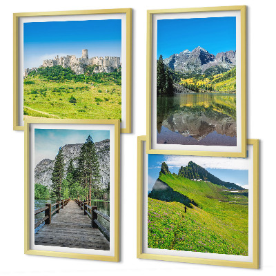 Set de 4 cuadros para salón Colinas verdes con un castillo