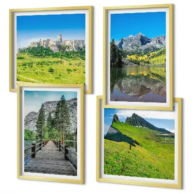Set de 4 cuadros para salón con diseño de colinas verdes y castillo