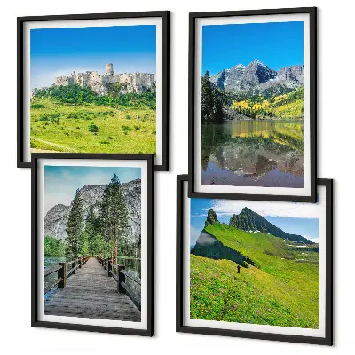Set de 4 cuadros para salón con diseño de colinas verdes y castillo