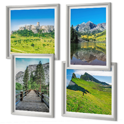 Set de 4 cuadros para salón Colinas verdes con un castillo