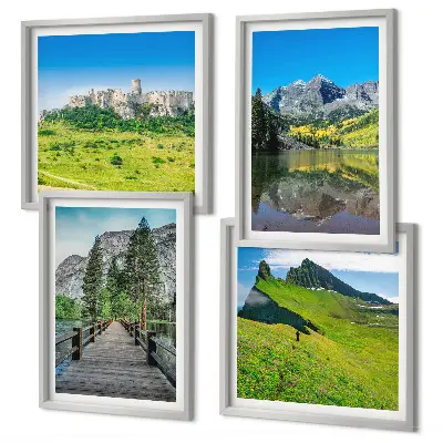 Set de 4 cuadros para salón con diseño de colinas verdes y castillo